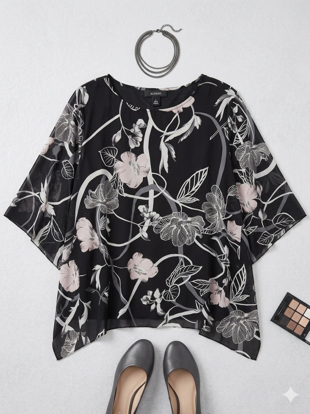 Alfani Black Floral Boatneck Top with Pale Pink Accents
